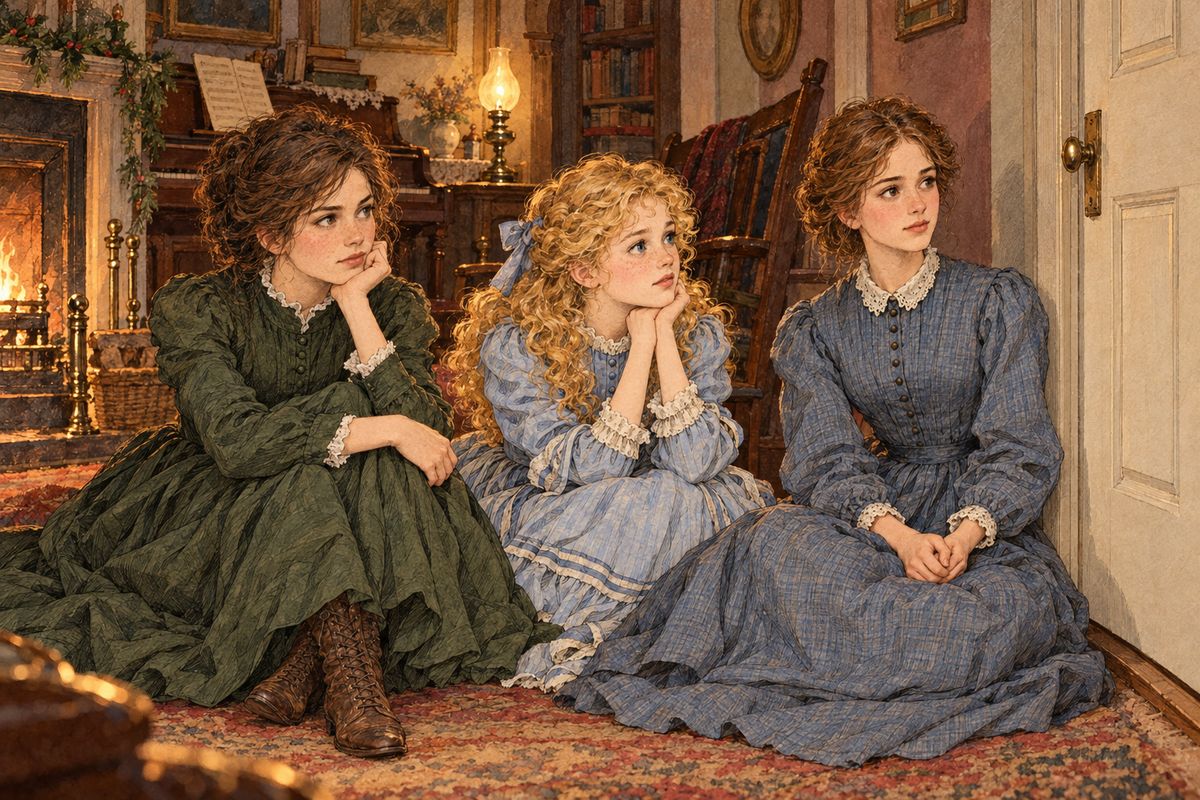 Beth crept home with red eyes, already feeling ill. Amy had never had the fever, so she was sent to Aunt March’s, and when Hannah asked who should nurse Beth, she leaned on her sister and said, “Jo, please.” That night Meg and Jo sat up near her door, too worried to sleep.