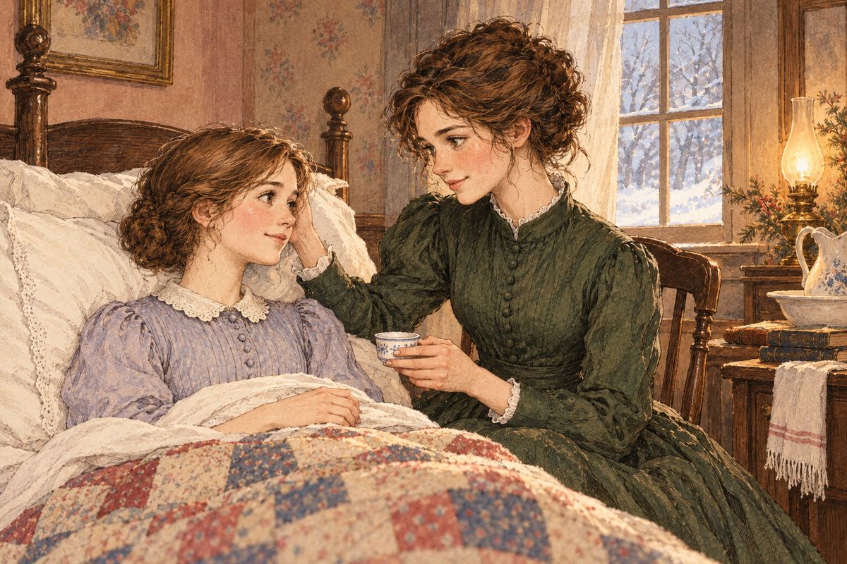Hour after hour Jo sat in the darkened room, learning how sweet and unselfish her little sister had always been. Then one snowy morning the doctor held Beth’s hot hand and said quietly, “If Mrs March can leave her husband, she’d better be sent for.” Jo ran out into the storm with the telegram.