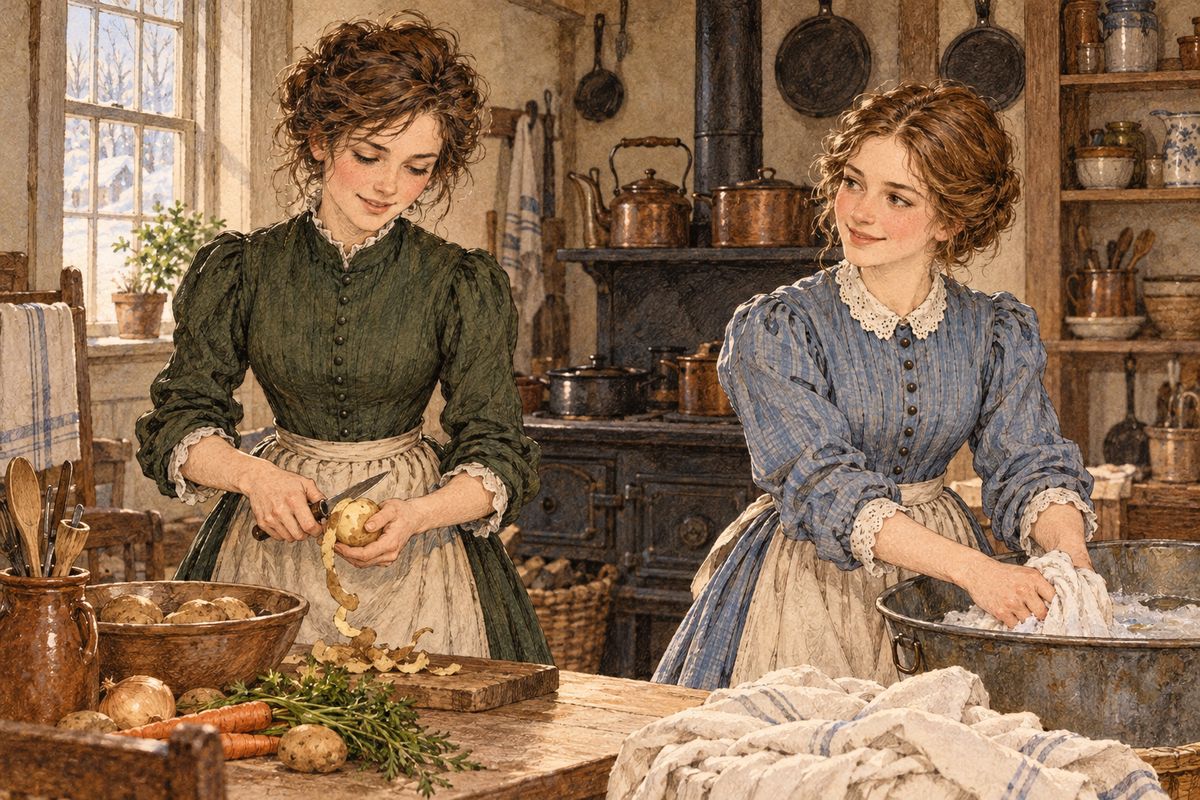 When Jo came back, Laurie told her a secret: he had telegraphed Marmee the day before, and she would arrive that very night! Jo threw her arms round his neck, then hurried to the kitchen, where Hannah baked pies and the sisters set the house in order, whispering, “Mother’s coming, dear! Mother’s coming!”