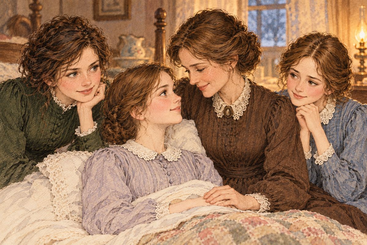 But Beth lay in a heavy sleep, knowing nothing of the good news, and roused only to whisper for water with parched lips. All day, as the snow fell, Meg and Jo watched over her, trusting in God and Mother, and picturing the moment Marmee would sit beside the bed and take Beth’s hand.