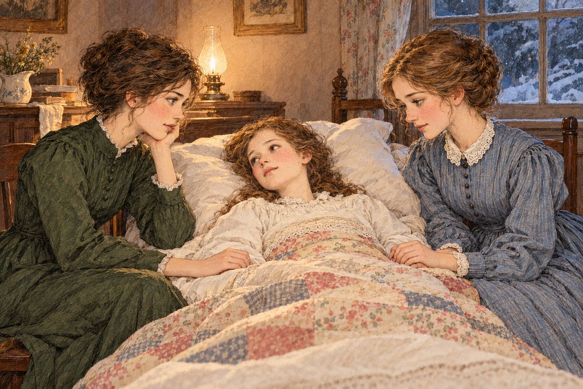Night came, and the sisters sat on either side of the bed while the wind wailed and tired Hannah slept. “If God spares Beth, I never will complain again,” whispered Meg. The clock struck twelve, then one, then two, and still Marmee had not come.