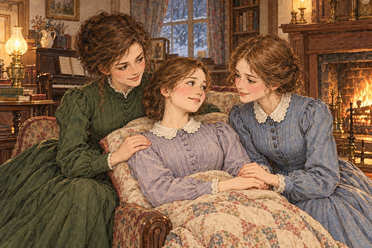 Past two, Jo saw a change in Beth’s face and feared the worst, but Hannah felt her hands and gasped that the fever had turned. Beth lay breathing quietly, the pain gone from her pale little face. Then, at dawn, bells rang at the door, and Laurie whispered joyfully, “Girls, she’s come!”