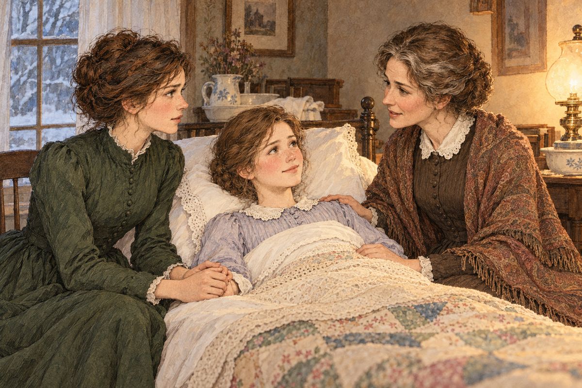 At home, when Beth woke from her long, healing sleep, the first things she saw were a white rose Meg had set beside her and Mother’s face. Marmee would not let go of the thin hand that clung to hers, and she whispered to Jo that Father was mending and Mr Brooke would stay to nurse him.