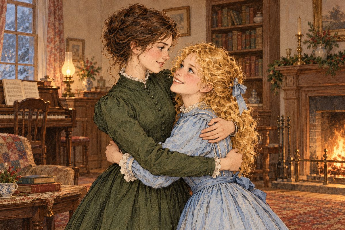 When Marmee visited, Amy said she would wear the ring “to remind me not to be selfish,” and would try to be like Beth. Not long afterward Amy came home at last, and Jo hugged her tight, glad to have her little sister back where she belonged.