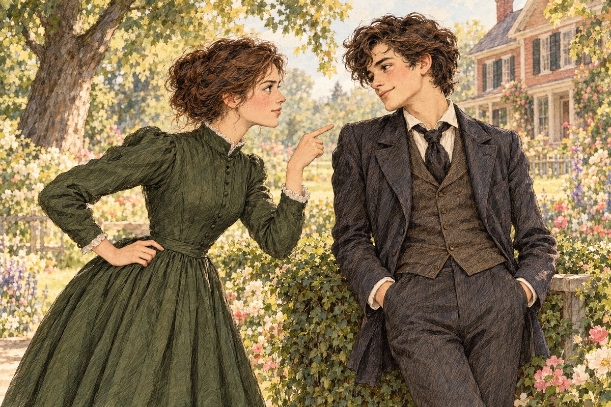 Laurie was cross that Jo kept a secret from him, so he wrote pretend love letters to Meg and signed them "Your devoted John." Poor Meg cried as if her heart would break. Jo, burning with anger, marched straight over to fetch the culprit, who soon stood twirling his hat with a guilty air.