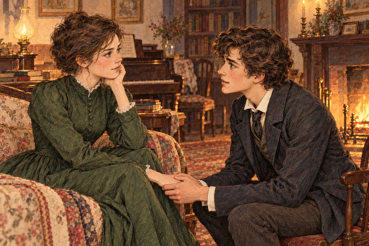 Laurie begged pardon so humbly that Jo forgave him on the spot, though she kept a stern face, and he walked off hurt. Soon she missed him, went to make peace, and even coaxed Mr Laurence into writing him an apology. "Turn over a new leaf and begin again, Teddy," she told him.