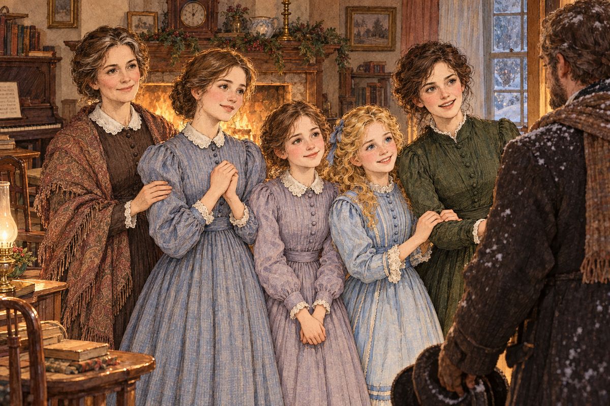 Christmas came bright and mild, and Beth, wrapped in crimson, was as happy as could be. Then Laurie popped his head in: "Here's another Christmas present for the March family," and there stood Father! Everyone hugged him at once, Amy tumbled over a stool, and Beth ran straight into his arms.
