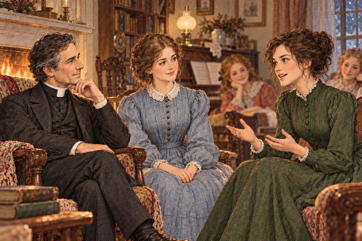 That evening by the fire, the girls talked over their hard year while Father listened. He took Meg's hand, rough from work, and said it was prettier now than when it was white and smooth. He told Jo she had grown into a gentle, helpful young woman, and her eyes grew dim.