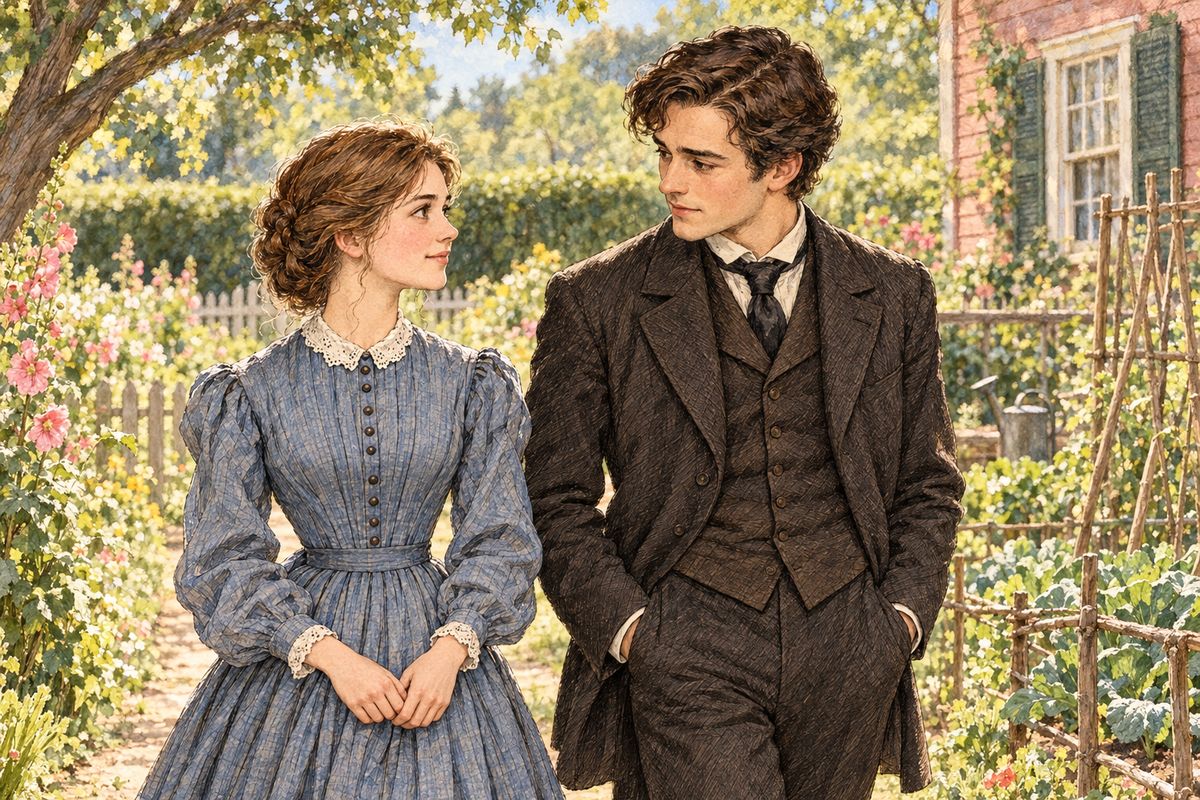 Still, something hung in the air. Ever since Laurie's prank, Meg had been shy and dreamy, starting when the bell rang and blushing whenever John Brooke's name was mentioned. John had been so good to Father, and when he spoke to her kindly, Meg's heart gave a little flutter.