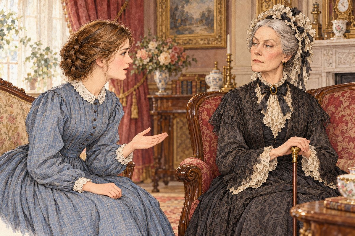 It was John, come for his umbrella, and when he asked for her love, Meg forgot her speech and, in a contrary mood, sent him away. Then Aunt March hobbled in and declared that not one penny would ever go to her. "I shall marry whom I please, Aunt March," Meg answered bravely.