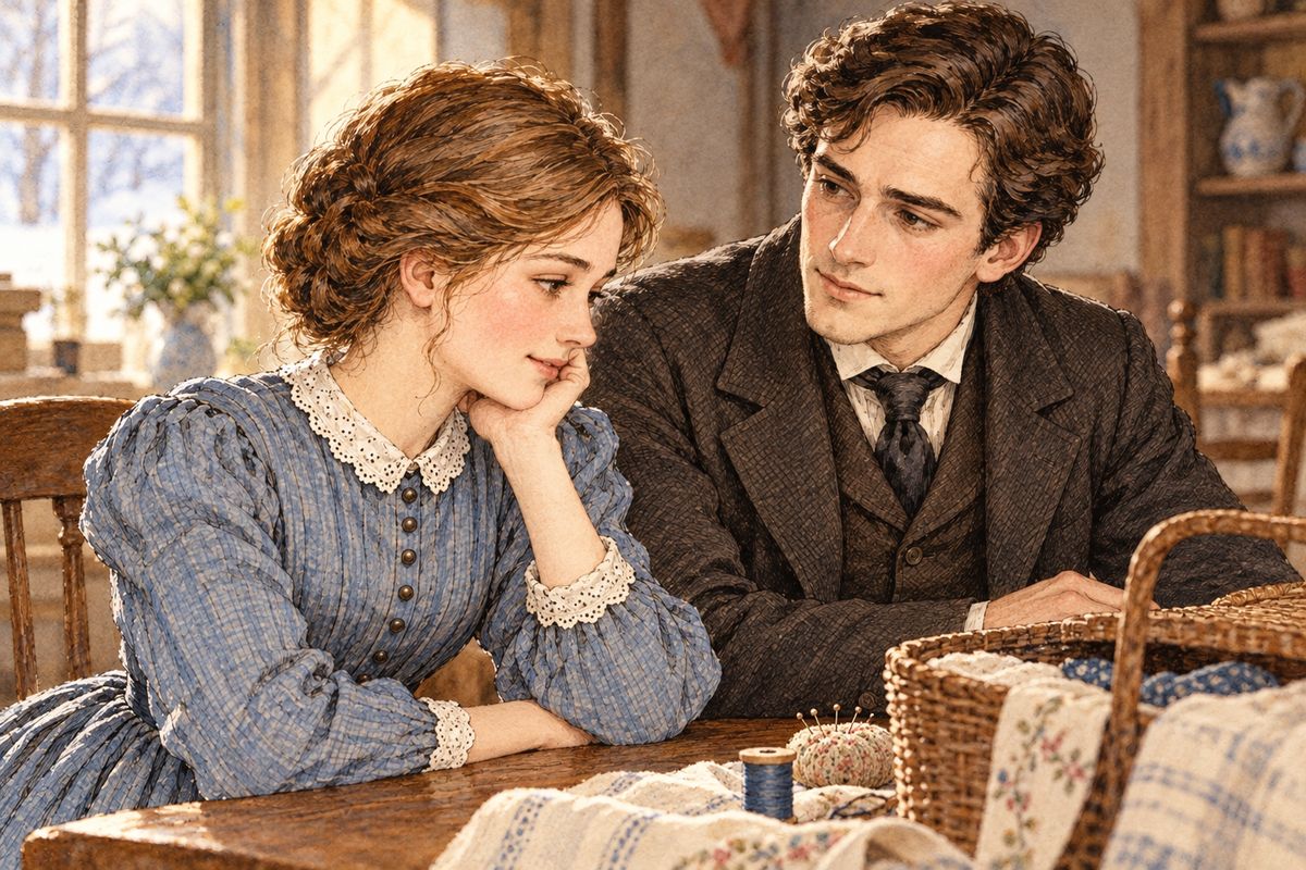Standing up for John showed Meg how much she cared, and she whispered, "Yes, John." Three years later, he had worked hard and made ready a tiny brown house that Laurie named the Dovecote. Meg sometimes envied Sallie Moffat's fine home, but thinking of John's patient love, she felt like the happiest girl alive.