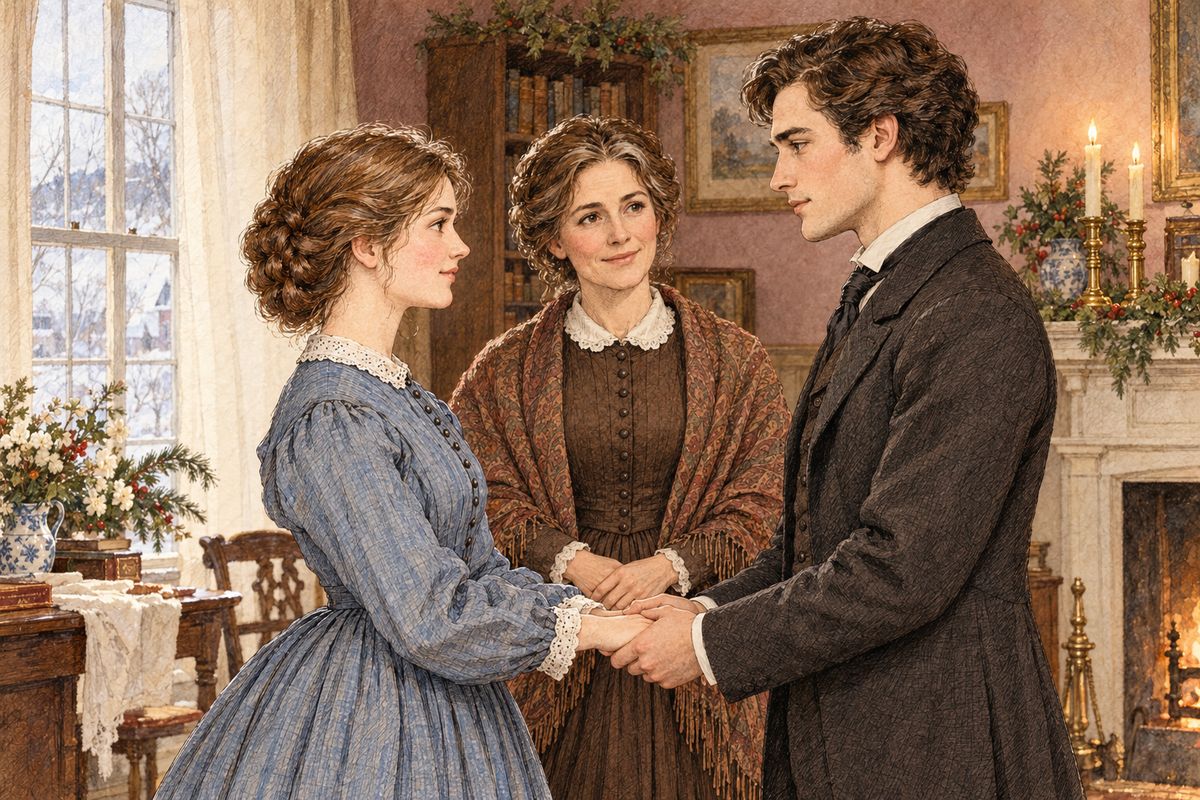 Everyone helped, from Beth's dishcloths to Hannah's polished pans. "Does it seem like home?" asked Marmee, and Meg was too happy to talk about it. The next day, in a plain parlor full of flowers, Meg and John made their promises before the people who loved them.