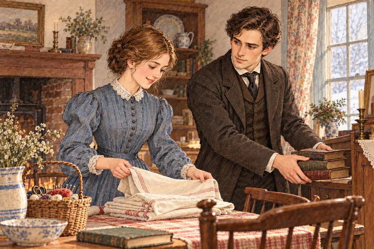 There was no grand bridal journey, only a quiet walk with John from the old home to the new. The wedding gifts were already waiting in the little house, and at first the young couple played keep-house and frolicked over it like children. Meg was determined that John should find home a paradise.