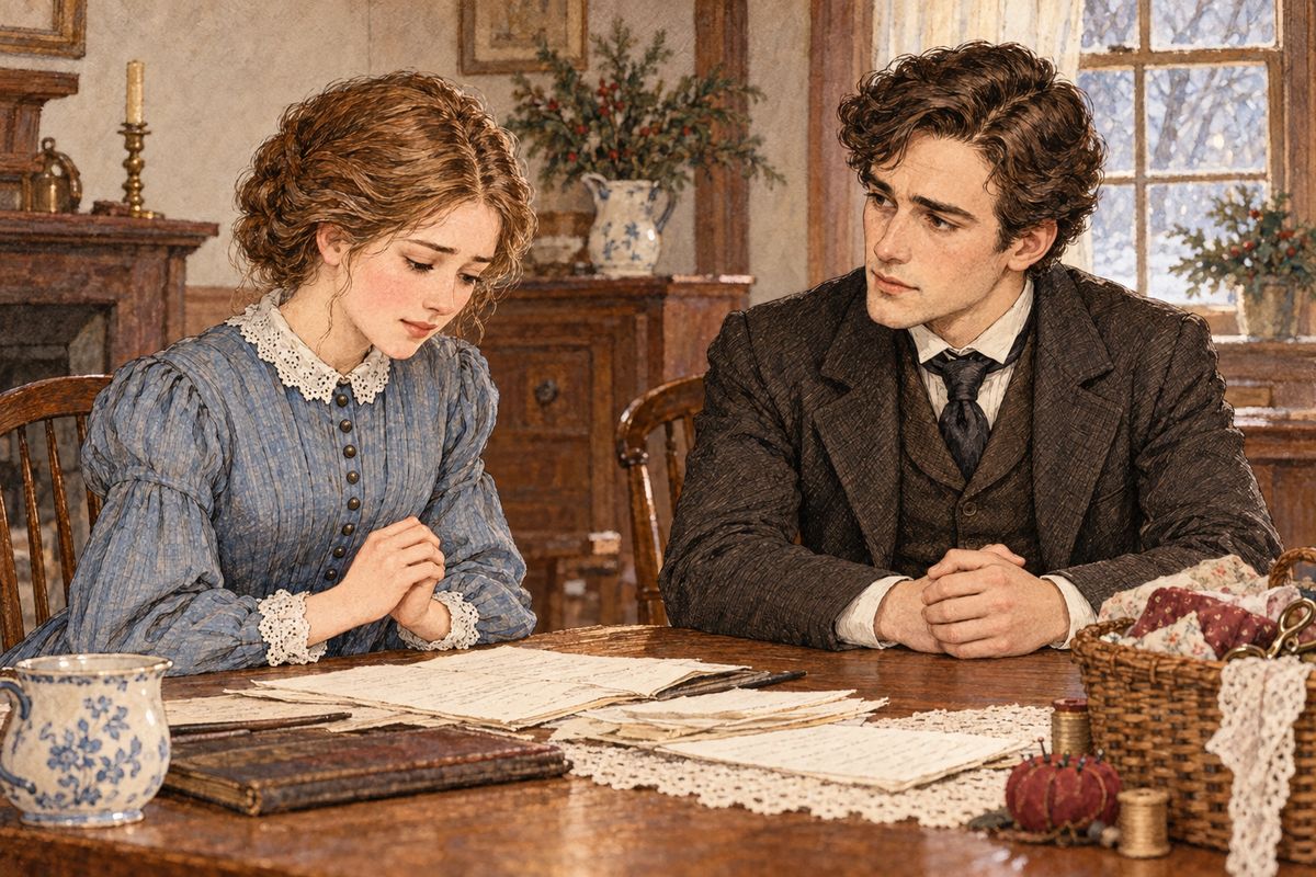 Evenings over the account books brought frugal fits of hash and bread pudding, and the little paradise was not always tranquil. When Meg's jelly wouldn't 'jell' and John brought a friend home to no dinner, they quarreled. That evening Meg thought, "I will be the first to say, 'Forgive me,'" and softly kissed his forehead.