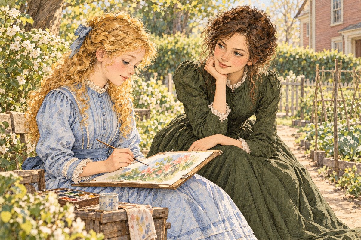 Meanwhile Amy tried every kind of art. Once she cast her own foot in plaster and got stuck, and Jo laughed so hard digging her out that the knife slipped. Next Amy haunted fields and riverbanks, catching colds on damp grass, still sure that someday she would make 'high art'.