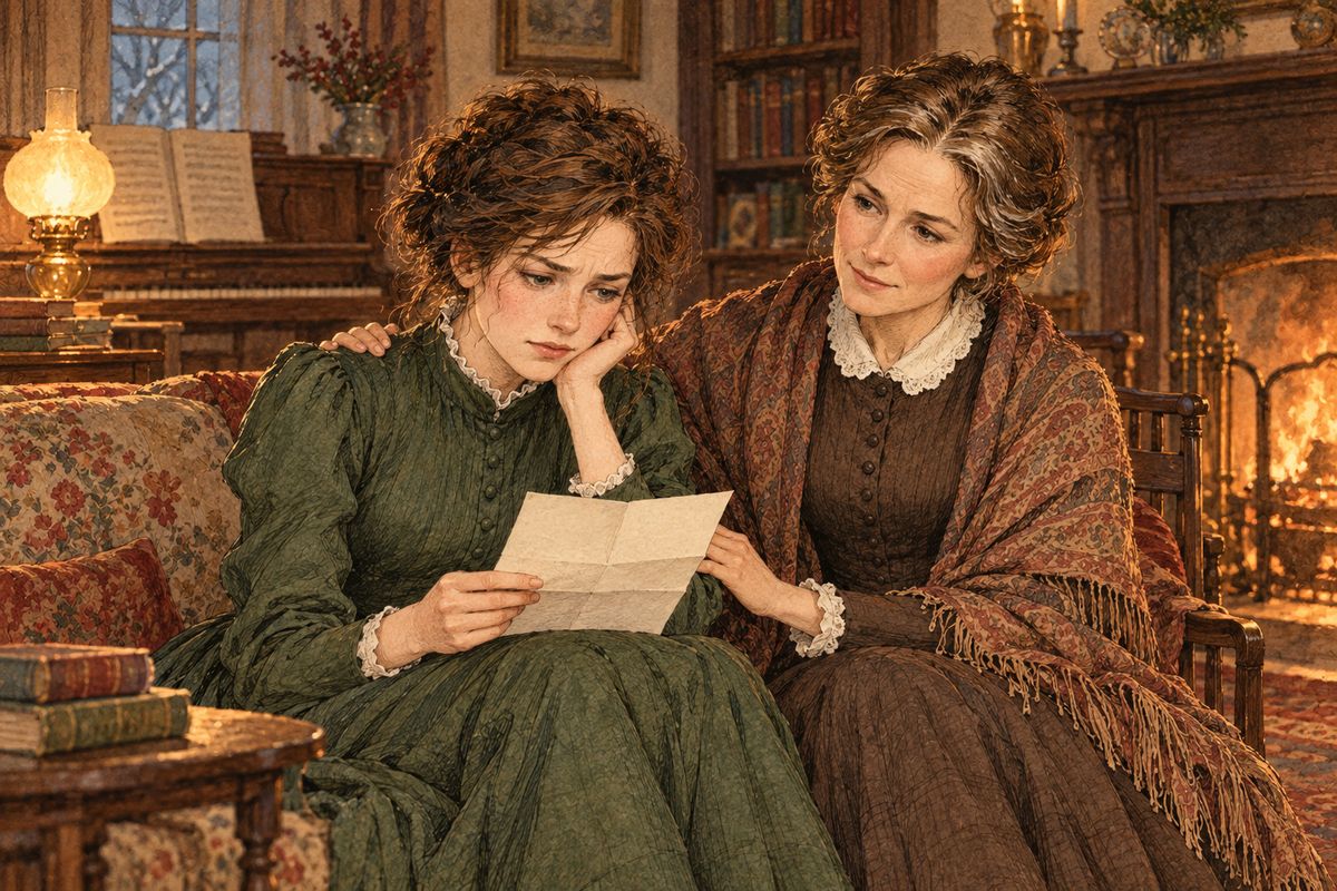 Jo had her own ambitions. At a lecture, a boy showed her a newspaper offering a hundred-dollar prize for a thrilling story, so she secretly wrote one that ended in an earthquake. Six weeks later a letter came, a check fell into her lap, and Jo read the kind words and began to cry.