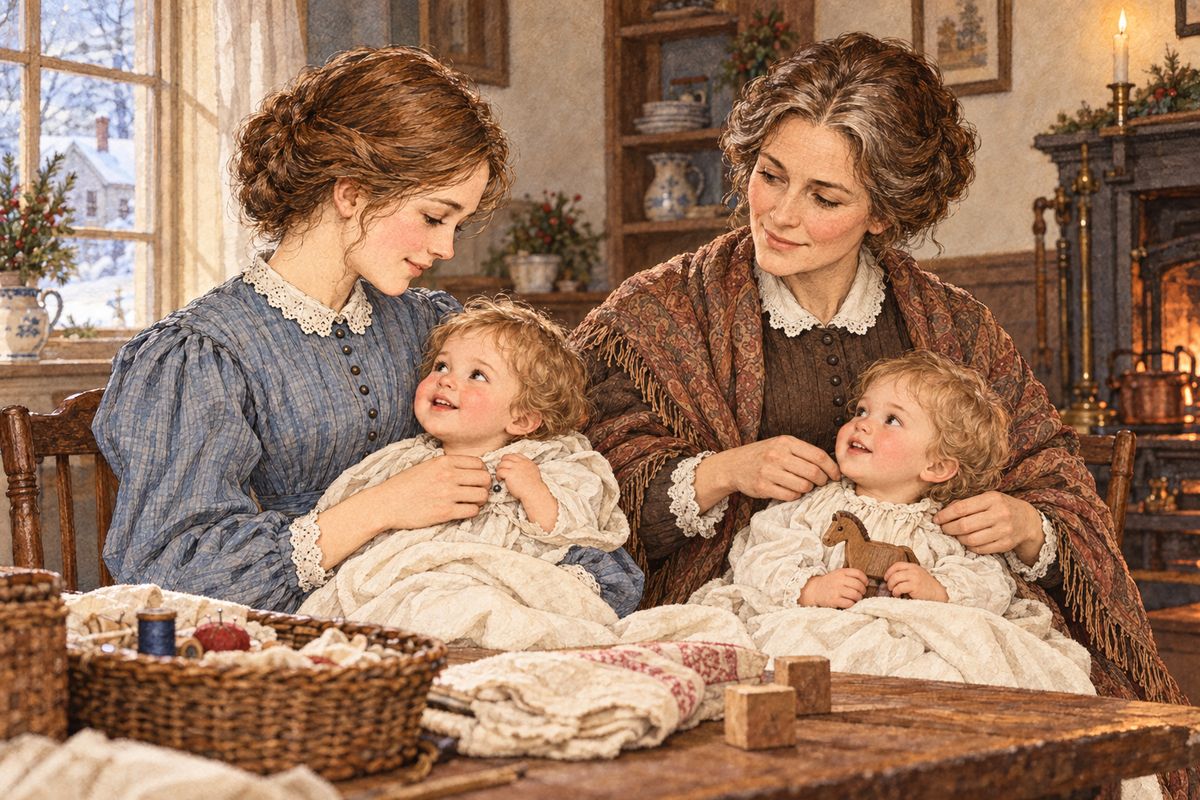 Marmee and the sisters gathered round to help Meg with the babies. Amy tied a blue ribbon on the boy and a pink one on the girl, so everyone could tell them apart. The girl would be Daisy, and when Laurie said, "Name him Demijohn, and call him Demi for short," the name stuck.