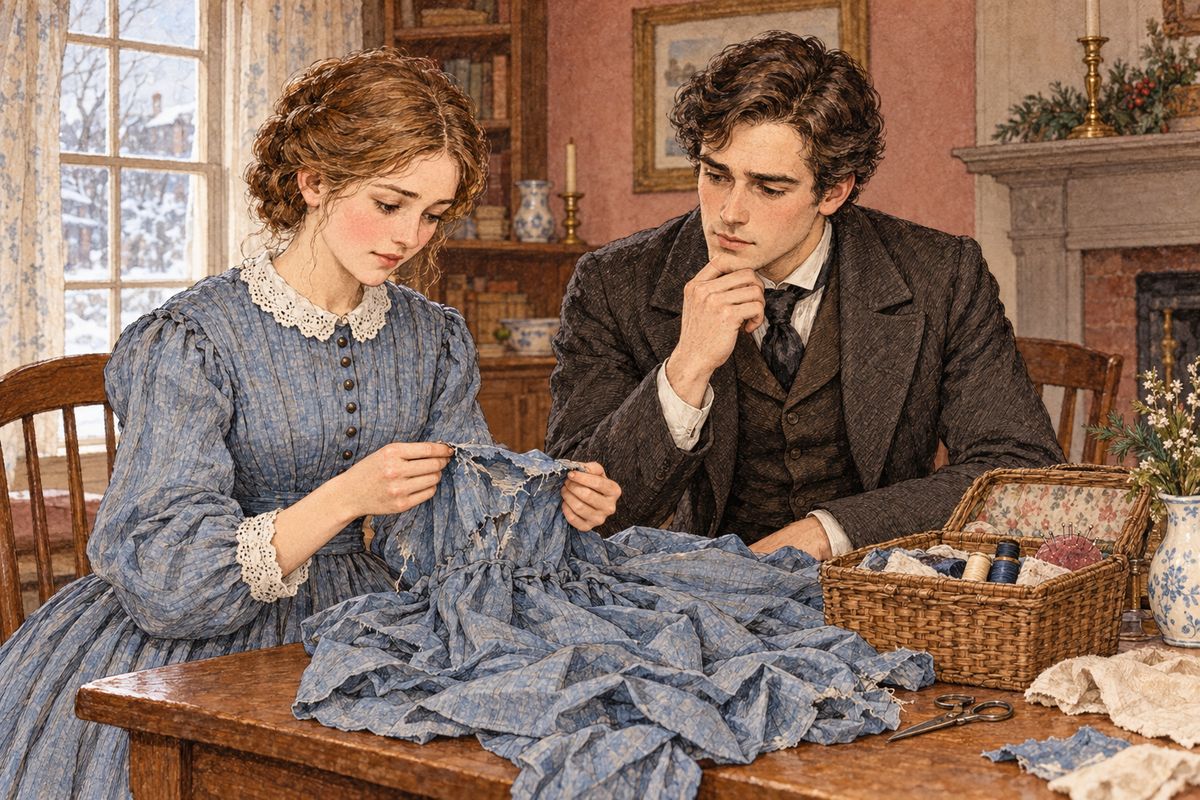 In that same autumn, Meg could not resist a violet silk for fifty dollars, half of it from the household money. At home it looked less silvery, and when John opened the account books, she confessed. "Twenty-five yards of silk seems a good deal to cover one small woman," he said dryly.