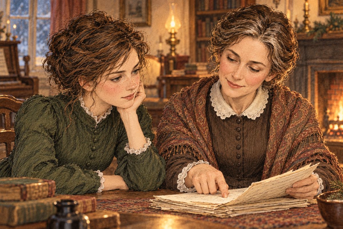 At Mrs. Chester's fair, Amy answered an unkind slight with kindness, and Aunt Carrol was pleased. A week later she wrote inviting Amy, not Jo, to go abroad, and Marmee showed Jo why: her own words about hating favors and French. "Oh, my tongue, my abominable tongue!" groaned Jo.