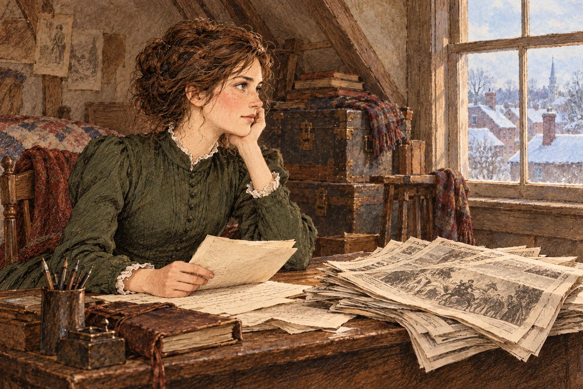 Soon Amy was packing her pencils for Europe, dreaming of Rome, and she promised to send for Jo in a year or two. Jo bore up bravely until the last flutter of blue ribbon vanished; then she went to her refuge, the garret, and cried among her papers till she couldn't cry any more.
