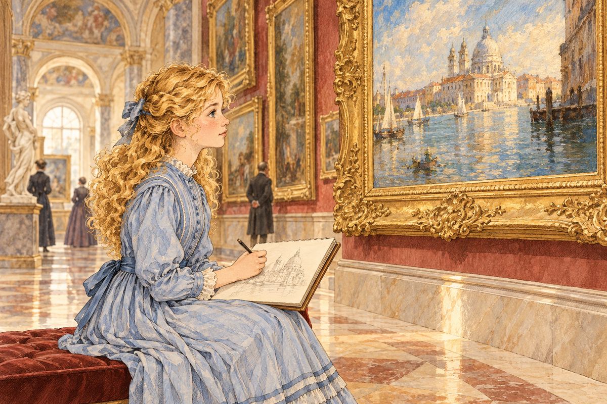 In London Amy gazed at Raphael's great paintings, and in Paris she spent rainy days in the Louvre with her sketchbook, revelling in pictures. Jo would turn up her nose at some of the finest, she wrote, but she herself was training her eye and taste as fast as she could.