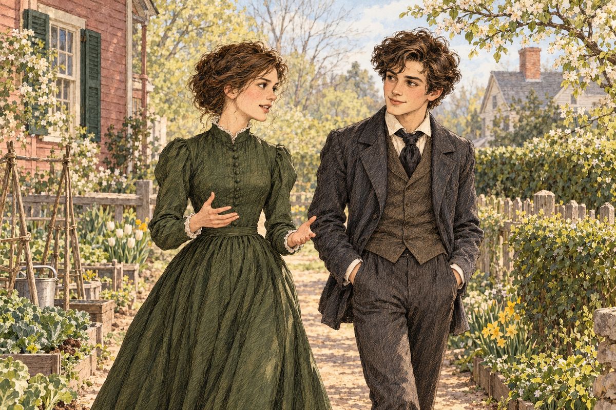 At home, Laurie had grown graver, and Jo talked with him about the future, urging him to spend his time with the modest girls he respected instead of silly ones. When she teased him about turning over a new leaf, he answered soberly, "So I am, and I mean this one shall stay turned."