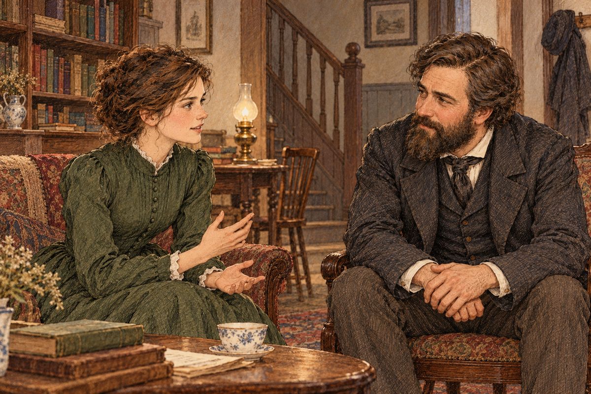 Back home, Jo feared that Laurie was growing too fond of her, so she went to New York to teach Mrs Kirke's children. In the big boarding house she met Professor Bhaer, a poor, kind German who carried a little servant girl's heavy coal up the stairs. "It goes better so," he said.