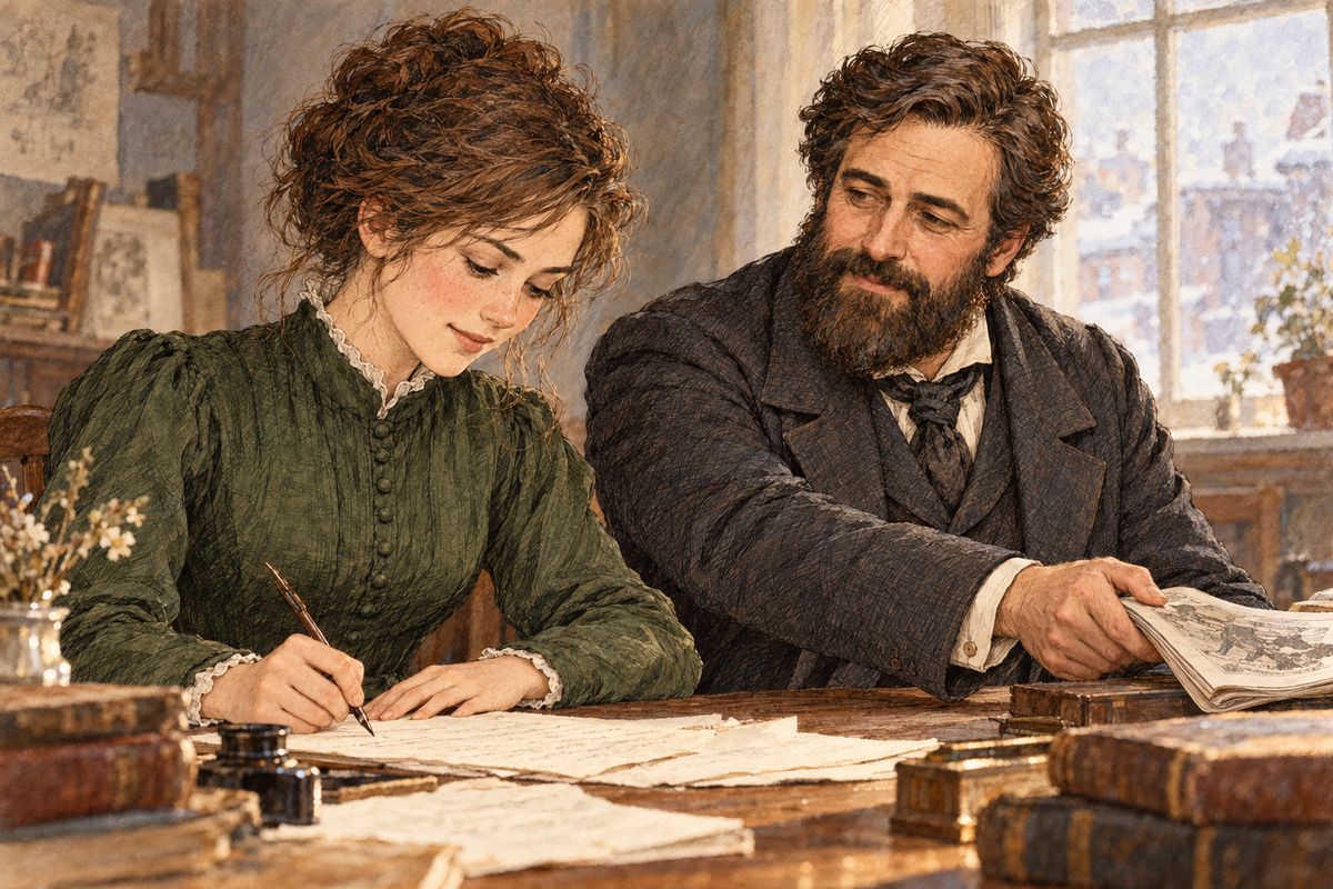 One evening Professor Bhaer found a sensational newspaper and said such stories put "poison in the sugarplum." Jo's cheeks burned, because she had been secretly writing thrilling tales for the Weekly Volcano. That night she reread them, saw they were trash, and stuffed the whole bundle into her stove.