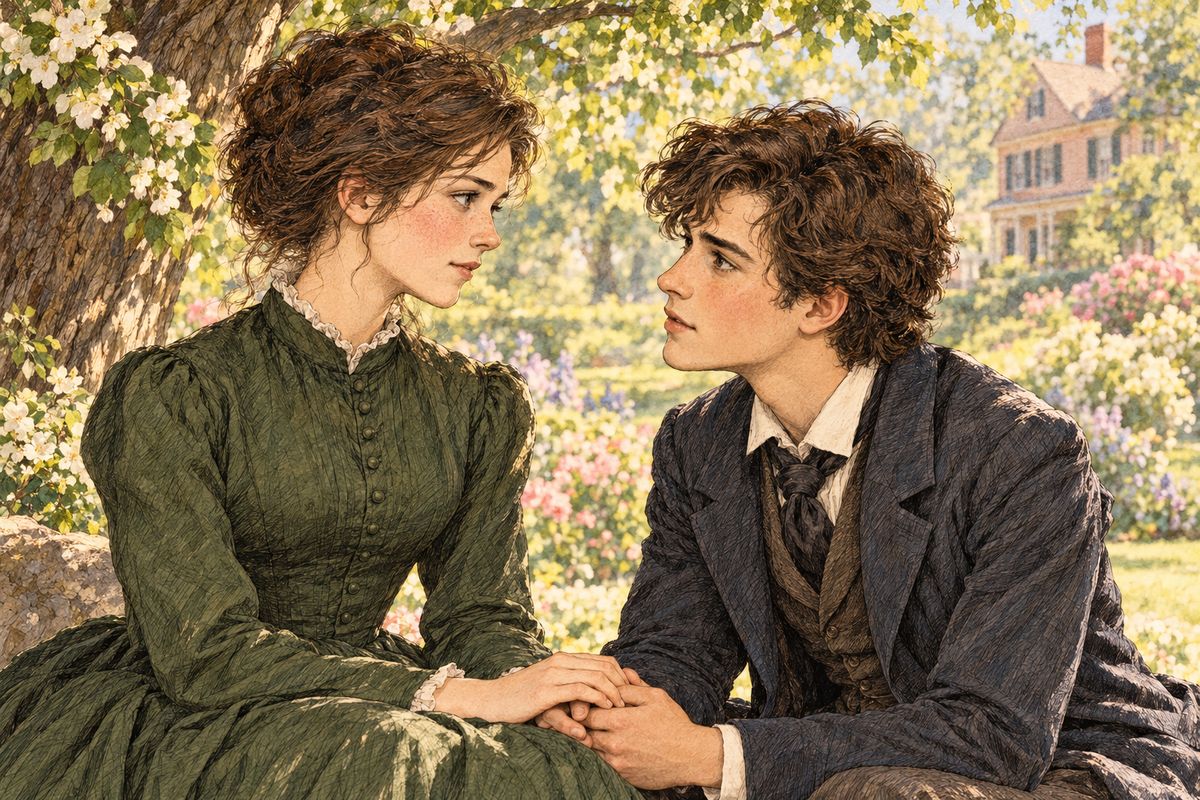 Jo’s heart ached, but she would not lie. She was proud and fond of him, yet she could not love him as he wished. When he caught her hands and asked if she truly meant it, she answered gently, “Really, truly, dear,” and Laurie laid his head on the mossy post.