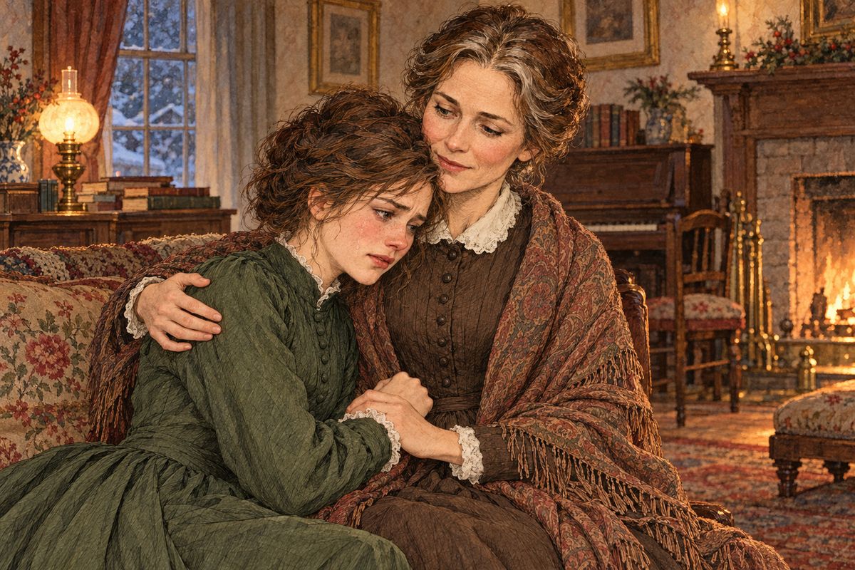 Laurie rowed hard up the river, and soon Mr Laurence took him abroad to forget. When they parted, Laurie asked one last time, “Oh, Jo, can’t you?” Jo could only wish she could, and afterward she wept in Marmee’s arms, knowing the boy Laurie would never come again.