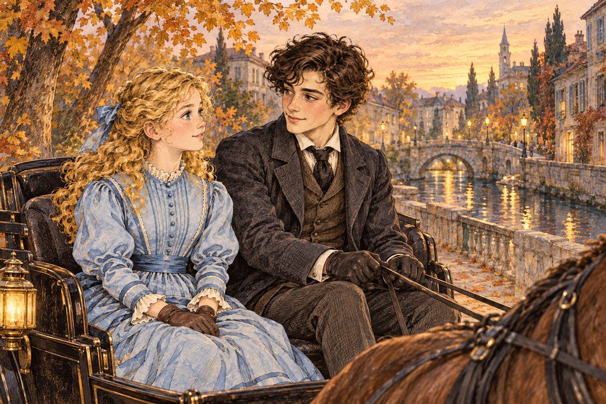 As they drove up a shady road where tea roses bloomed, Amy read that Beth was very poorly, and Laurie’s brotherly “my dear” comforted her. That night at the Christmas ball she danced with spirit and grace, and Laurie decided that little Amy was going to make a very charming woman.