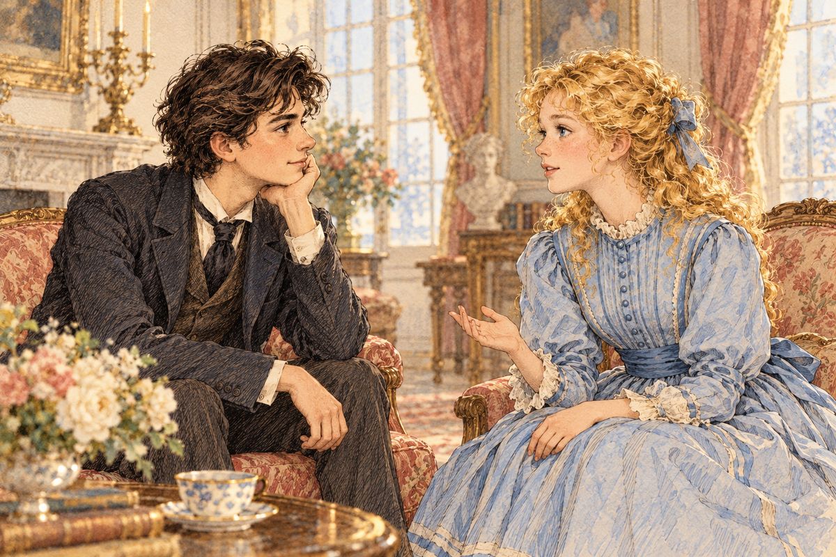 When Amy rested at last from dancing, Laurie fanned her and asked where she had learned such style. Amy frankly confessed that tulle was cheap and posies free: "I am used to making the most of my poor little things." Laurie admired her brave, cheerful spirit and stayed by her side all evening.