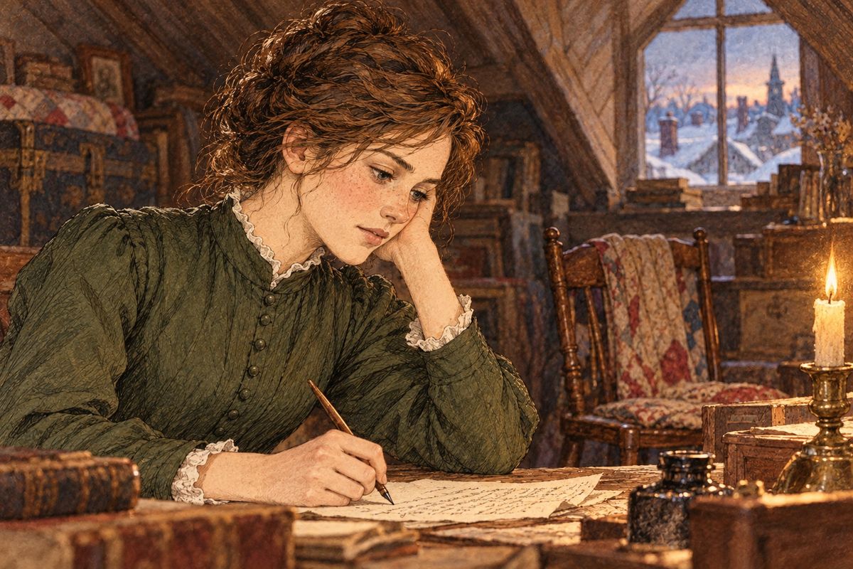 Back in Concord, there had been no need to tell Beth’s secret, for Father and Mother saw it plainly. Beth’s little chair stood empty now while she rested, and Jo sat writing beside it. She remembered her promise, for Beth had asked, “You must stand by Father and Mother, won’t you, Jo?”
