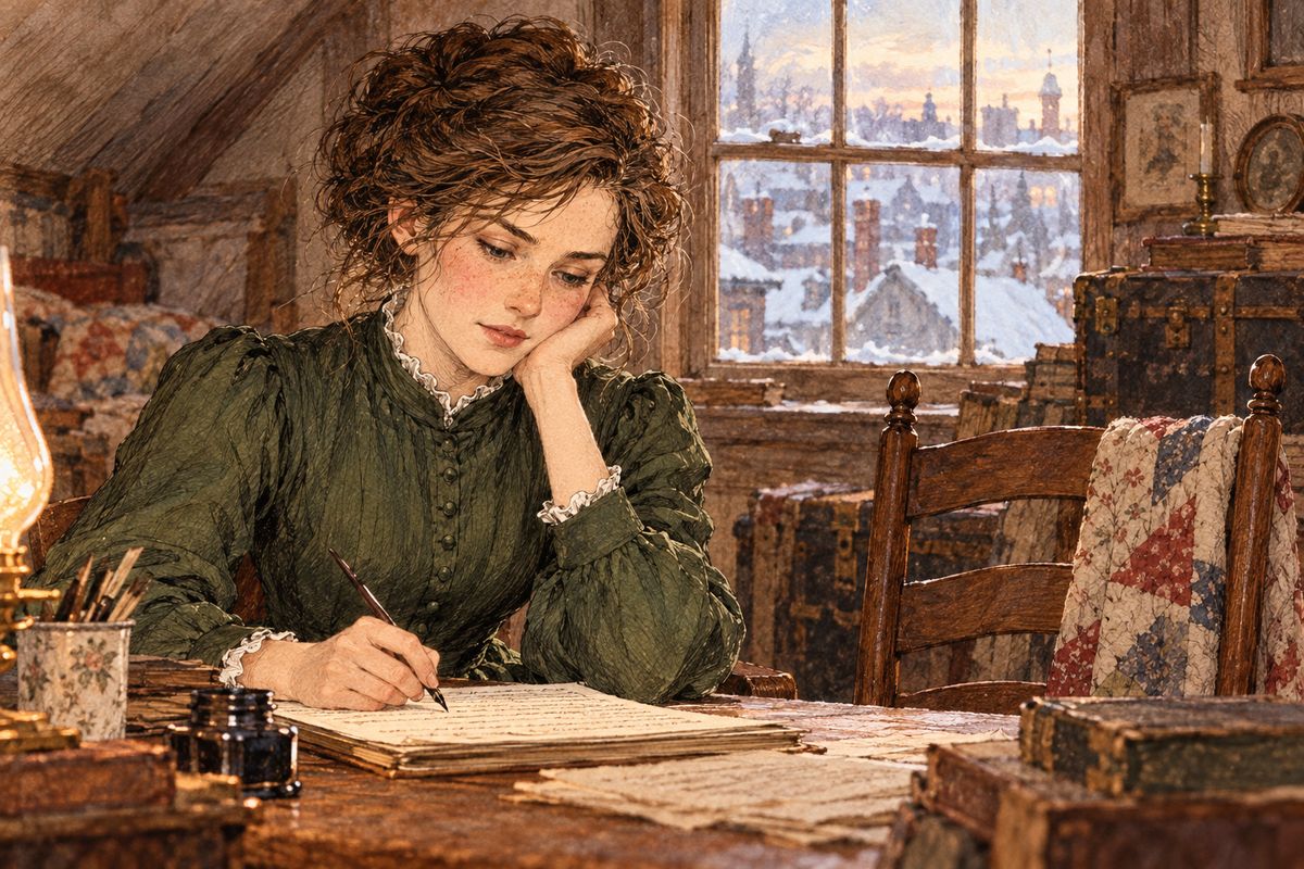 Soon, with John’s firm help with Demi, Meg’s little house was cheerful again. But Jo’s thoughts stayed with Beth, and one night, alone beside the empty chair, she wrote a poem called “My Beth,” asking her sister to leave her the gift of patience. Her tears fell and blurred the lines.