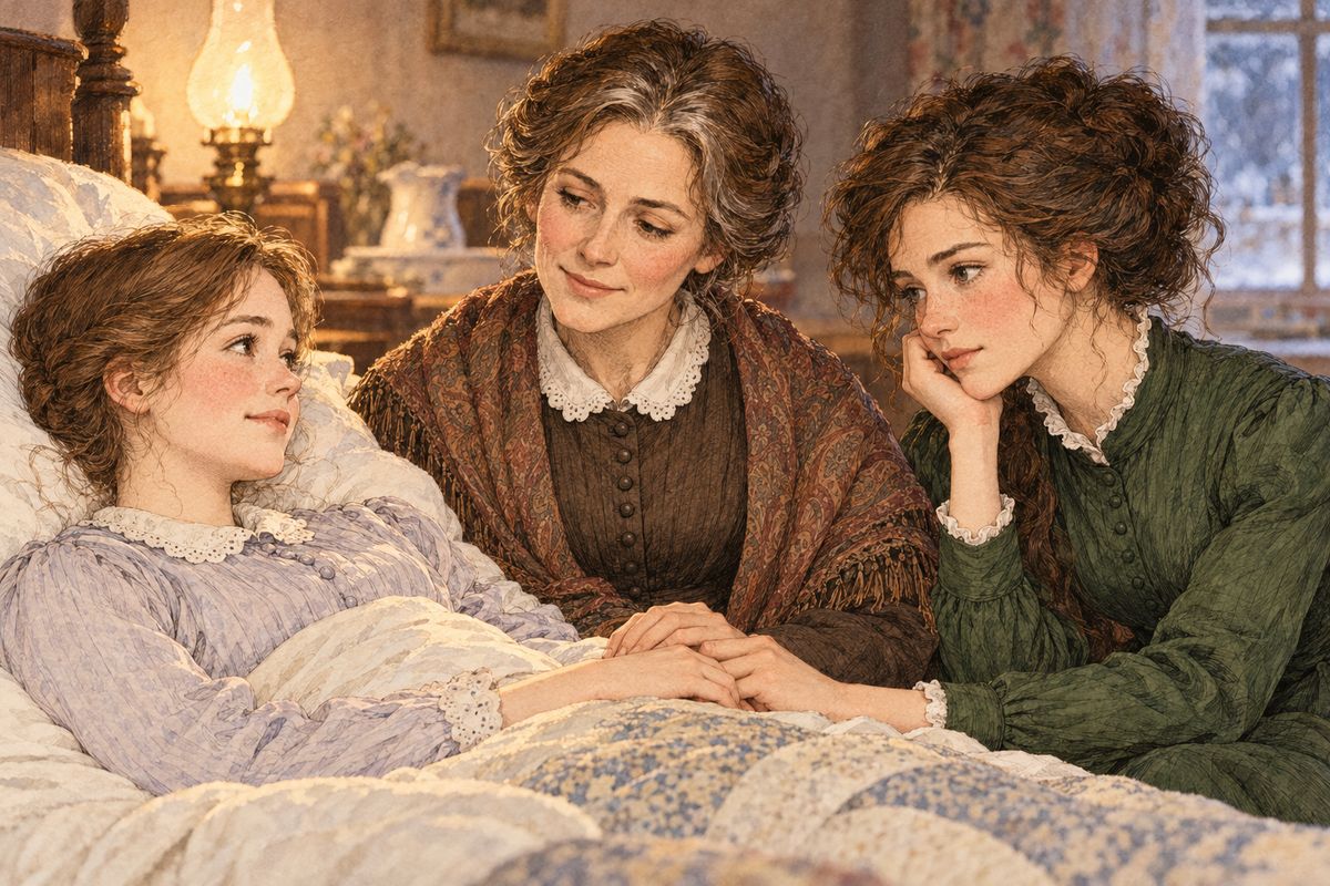 Beth grew weaker, and Jo never left her, sleeping on a couch in her room. One night Beth found Jo’s poem and asked, “Have I been all that to you, Jo?” Then one spring night, in the dark hour before dawn, Beth slipped away in Marmee’s arms, as gently as the tide going out.