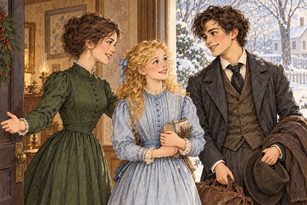On the evening before her birthday, Jo had a wonderful surprise: Laurie and Amy were home from Europe! Laurie, too eager to wait, had hurried ahead to tell her the grand news himself. They were married! Then Amy's voice rang out, “Where's my dear old Jo?” and Jo gladly welcomed them both home.