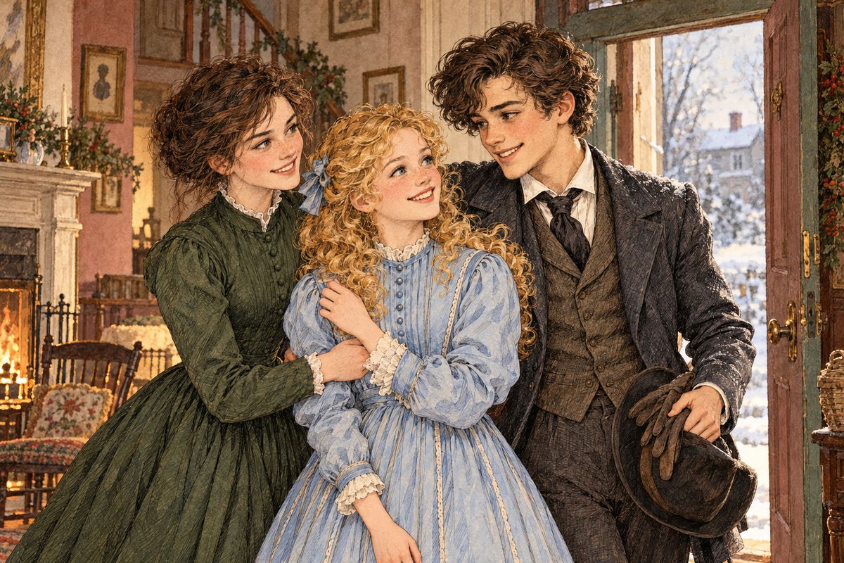 In trooped the whole family, and everyone was hugged and kissed all over again. Amy, in silk from head to foot, was looked at and admired, and Laurie hovered happily around her. How they all talked, trying to tell the history of three years in half an hour!