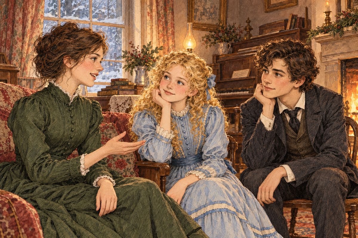 Watching the young pair, Jo thought, “How well they look together!” Amy’s face shone with the soft brightness of a peaceful heart, and Laurie could not stop admiring her. He had already promised Jo she would never be lonely again, for she must share everything with them, just as in the old days.