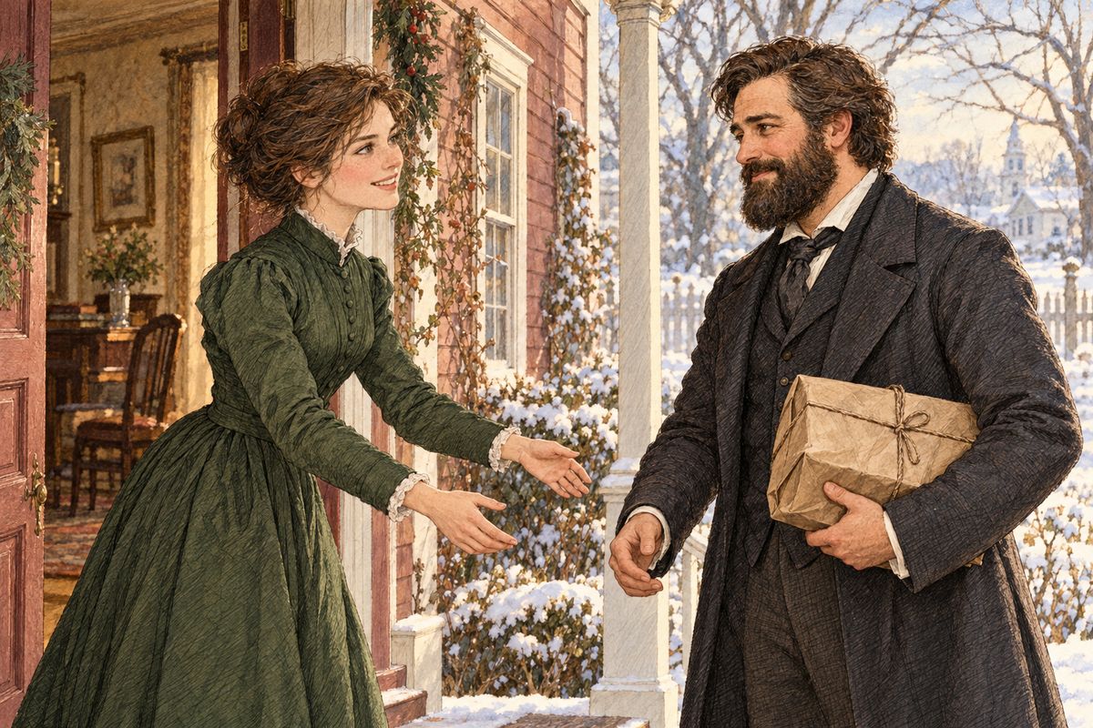 Later, when the others had gone upstairs, Jo felt suddenly lonely, and then a knock came at the porch door. There stood a tall, bearded gentleman, beaming like a midnight sun. “Oh, Mr. Bhaer, I am so glad to see you!” cried Jo, pulling him inside.