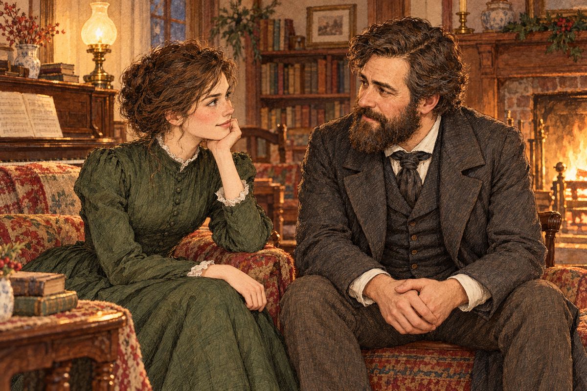 “You haf been ill, my friend?” Bhaer asked gently, seeing the tired sorrow in Jo’s face, and his kind eyes comforted her. All evening by the fire, Jo knitted quietly, stealing glances at him. When she dropped her ball, they both dived for it, bumped heads, and came up flushed and laughing.