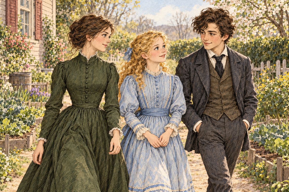 Jo strolled with Amy and Laurie in the garden, laughing as in old times. She had promised Laurie, “We will be brother and sister,” and it felt true now. She wondered, too, what business kept Professor Bhaer in the city, for he had promised to come again.