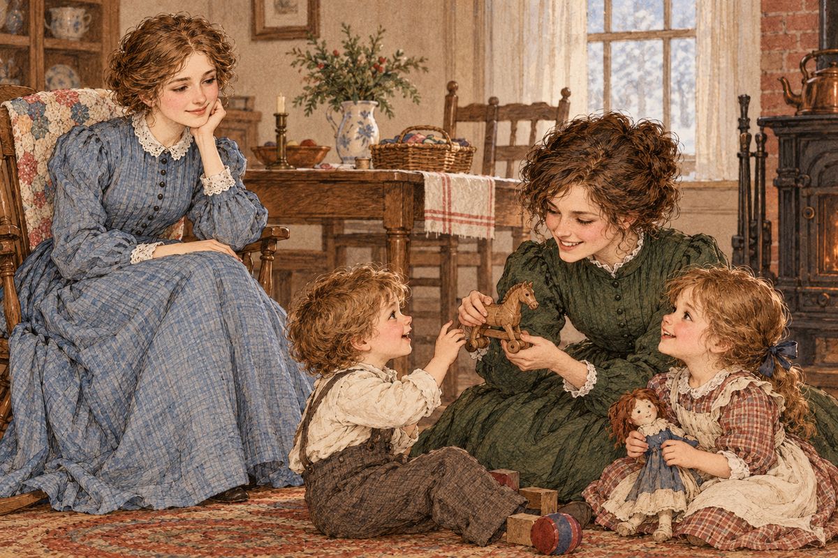 The twins called Jo Aunt Dodo, and she was their chief playmate; the three of them turned the little house topsy-turvy while Meg looked on. When Demi tried to hoist his patient sister up in a basket, bumping her head, he told his mother indignantly, "Why, Marmar, dat's my lellywaiter!"