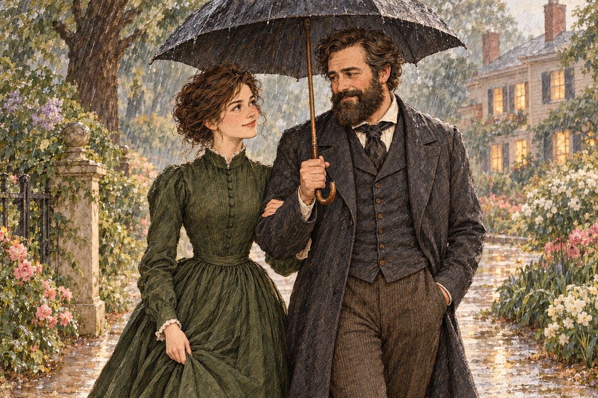 One rainy afternoon Jo went to town without her umbrella, secretly hoping to meet the Professor, and a shabby blue umbrella appeared above her bonnet. When he said he was going far away to the West, Jo's tears came. "Heart's dearest, why do you cry?" he asked.
