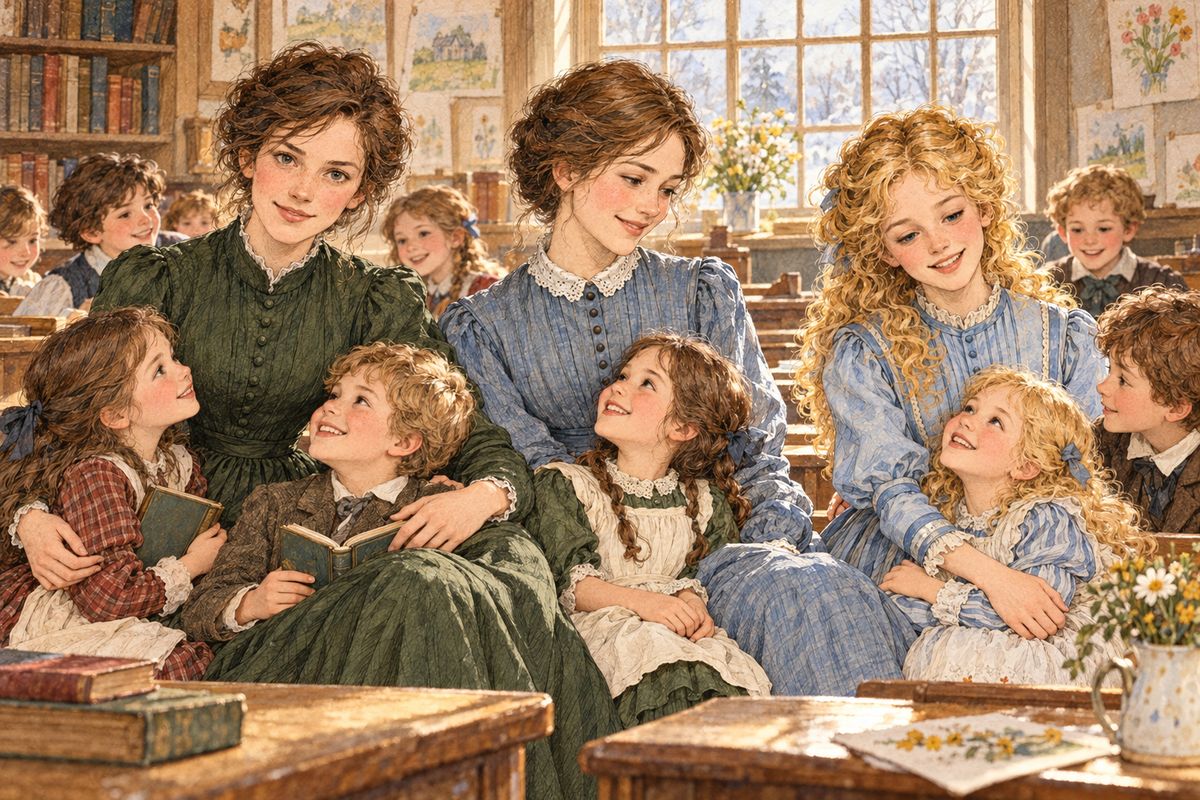 Jo sobbed that it was because he was going away, and gladly gave old Fritz a place in her heart. Then he showed her what had brought him: her own little poem of the sisters, Meg a happy mother among her babies, Amy hearing bridal bells, and all "nearest and dearest evermore."