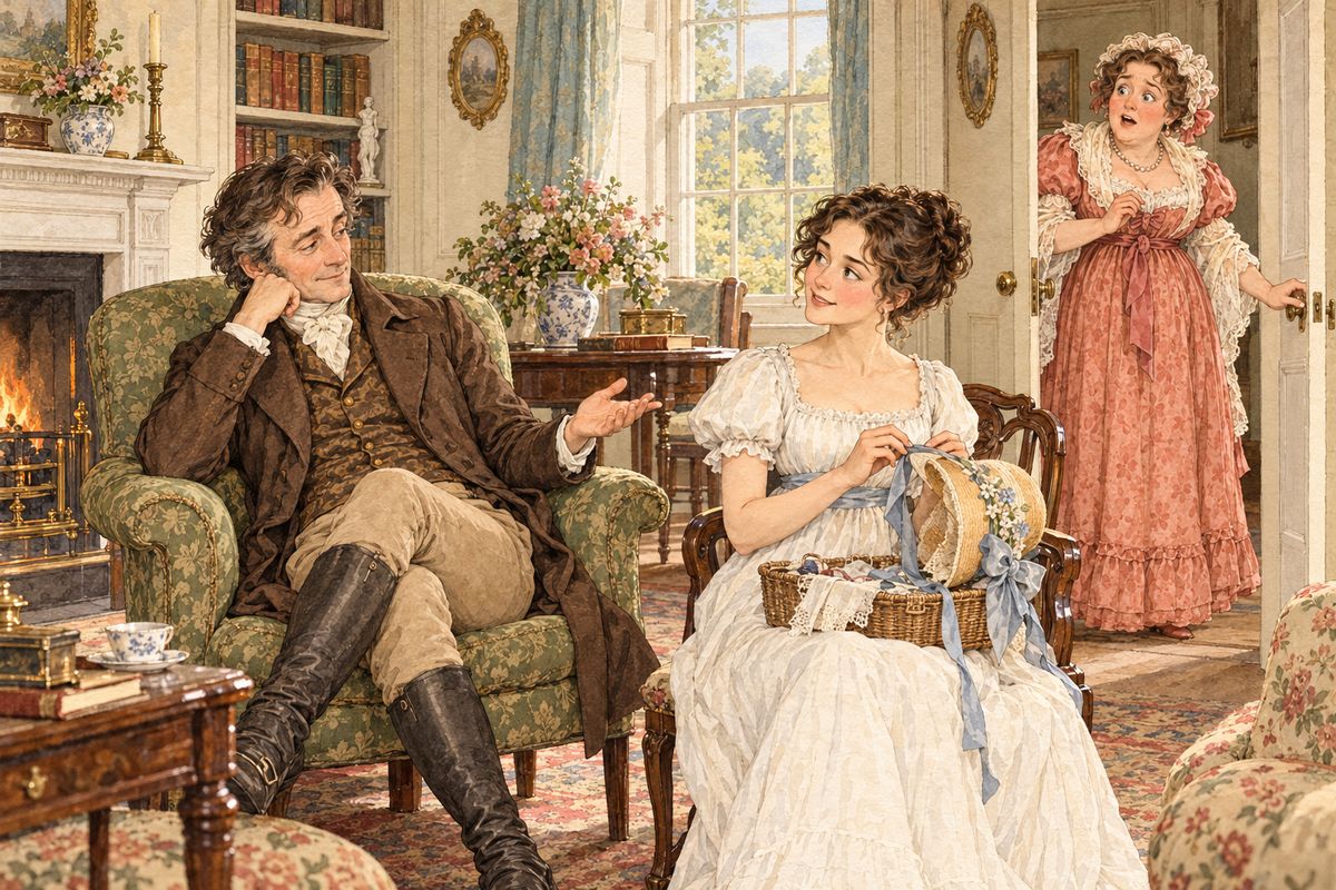 Mr Bennet was among the first to wait on Mr Bingley, though he let his wife believe he would never go. That evening, as Elizabeth trimmed a hat, he remarked that he hoped Mr Bingley would like it. When the truth came out, Mrs Bennet was overjoyed, and called it such a good joke.