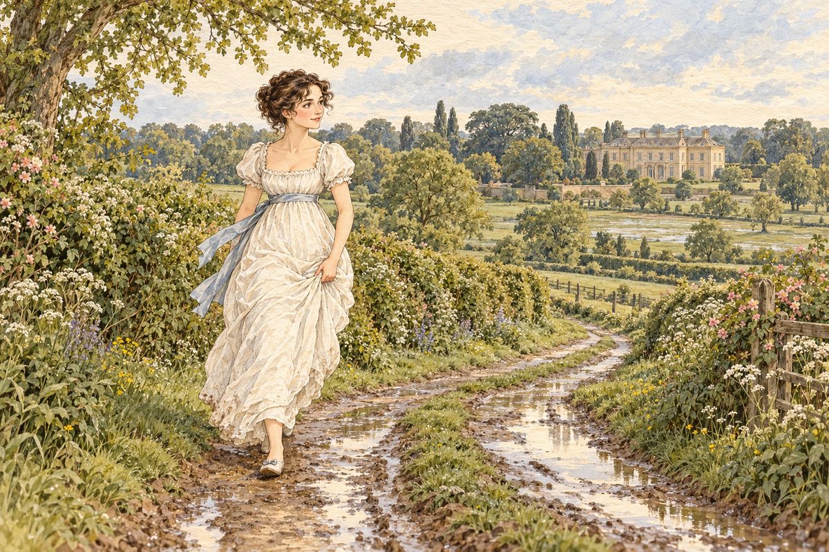 Elizabeth was determined to go to her sister, though there was no carriage to be had. She walked the three miles across fields, jumping over stiles and springing over puddles, and arrived at Netherfield with weary ankles, dirty stockings, and a face glowing with the warmth of exercise.
