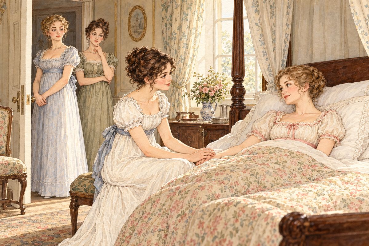 Elizabeth found Jane feverish and glad of her company, and she scarcely left her side. Bingley's sisters were kind to Jane, but behind Elizabeth's back they laughed at her petticoat, six inches deep in mud, and wondered aloud at her walking three miles alone, in such dirt.