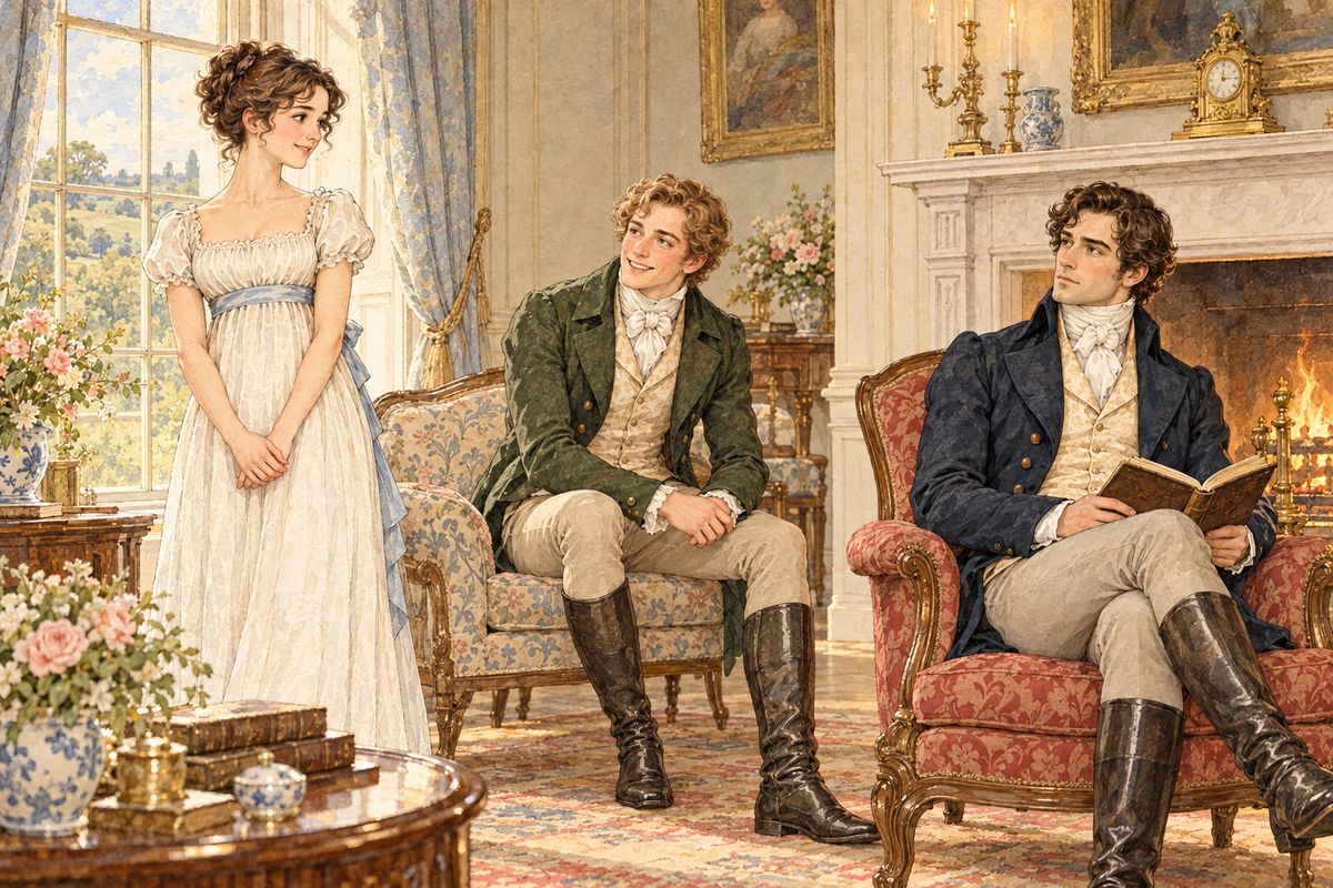 In the evenings Elizabeth joined the party downstairs. Bingley asked after Jane with real anxiety, Caroline hovered over Darcy's book and his letters, and Darcy, reading by the fire, found it harder than he expected to keep his attention on the page with Elizabeth in the room.