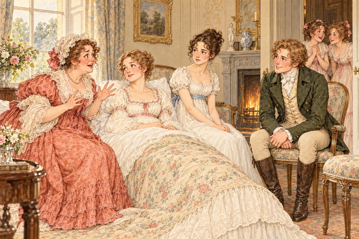 Mrs Bennet came with Kitty and Lydia to see Jane, and was satisfied she was not dangerously ill, which suited her, since she wished her to stay. She praised Jane's sweetness to Bingley and declared Longbourn society far better than the city's, while Elizabeth blushed for her mother.