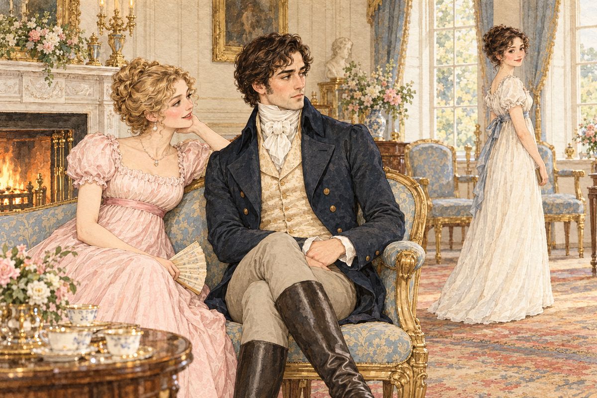 Caroline Bingley tried every way to draw Darcy's notice: praising his letter-writing, his library, his sister. Darcy answered briefly. His eyes kept straying to Elizabeth, and he began to feel the danger of paying her too much attention, for he had never been so bewitched by any woman.